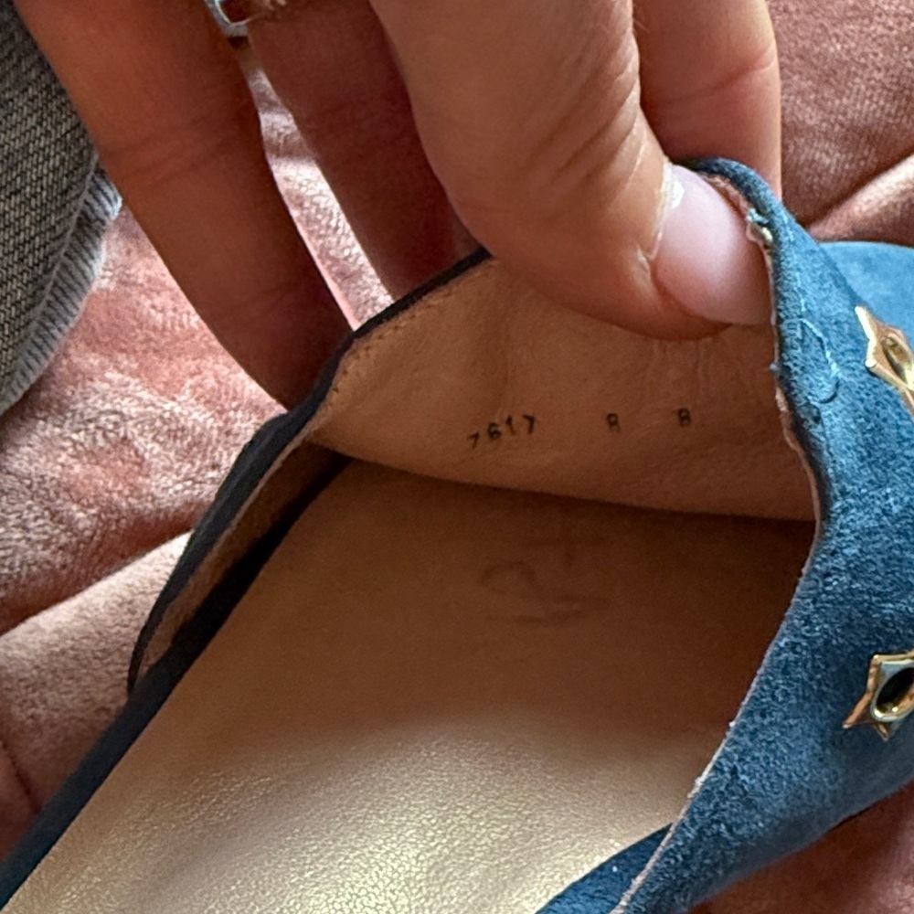 French Sole Suede Blue Flats with Gold Star Accents - Picture 4 of 5